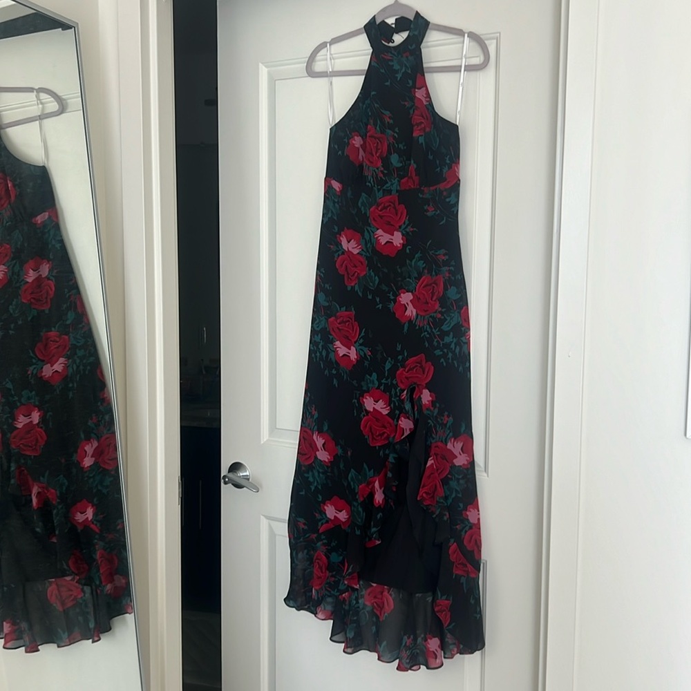 Lulus black halter dress with red rose pattern